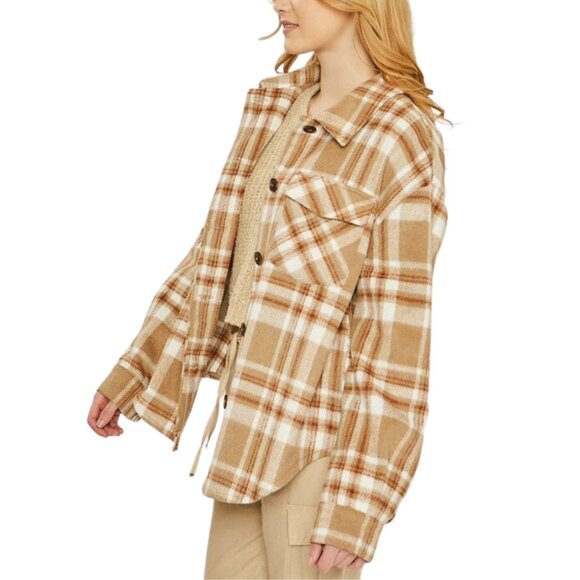 Love Tree Camel Woven Yarn Dye Long Sleeve Shacket Size Large - Picture 2 of 15